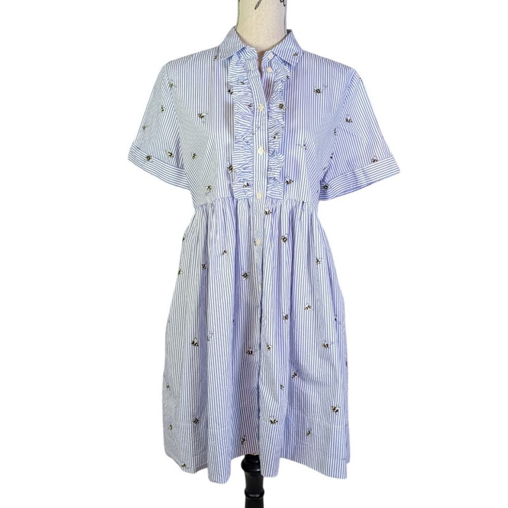 Kate Spade Abuzz Bee Stripe Ruffle Shirt Dress Cotton Blue White M